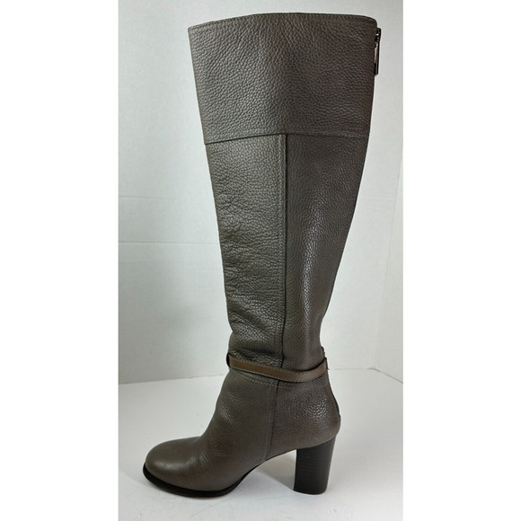 Tory Burch Pebbled Leather Back Zip Tall Block Heeled Buckle Boots Gray Size 6 M - Picture 4 of 15